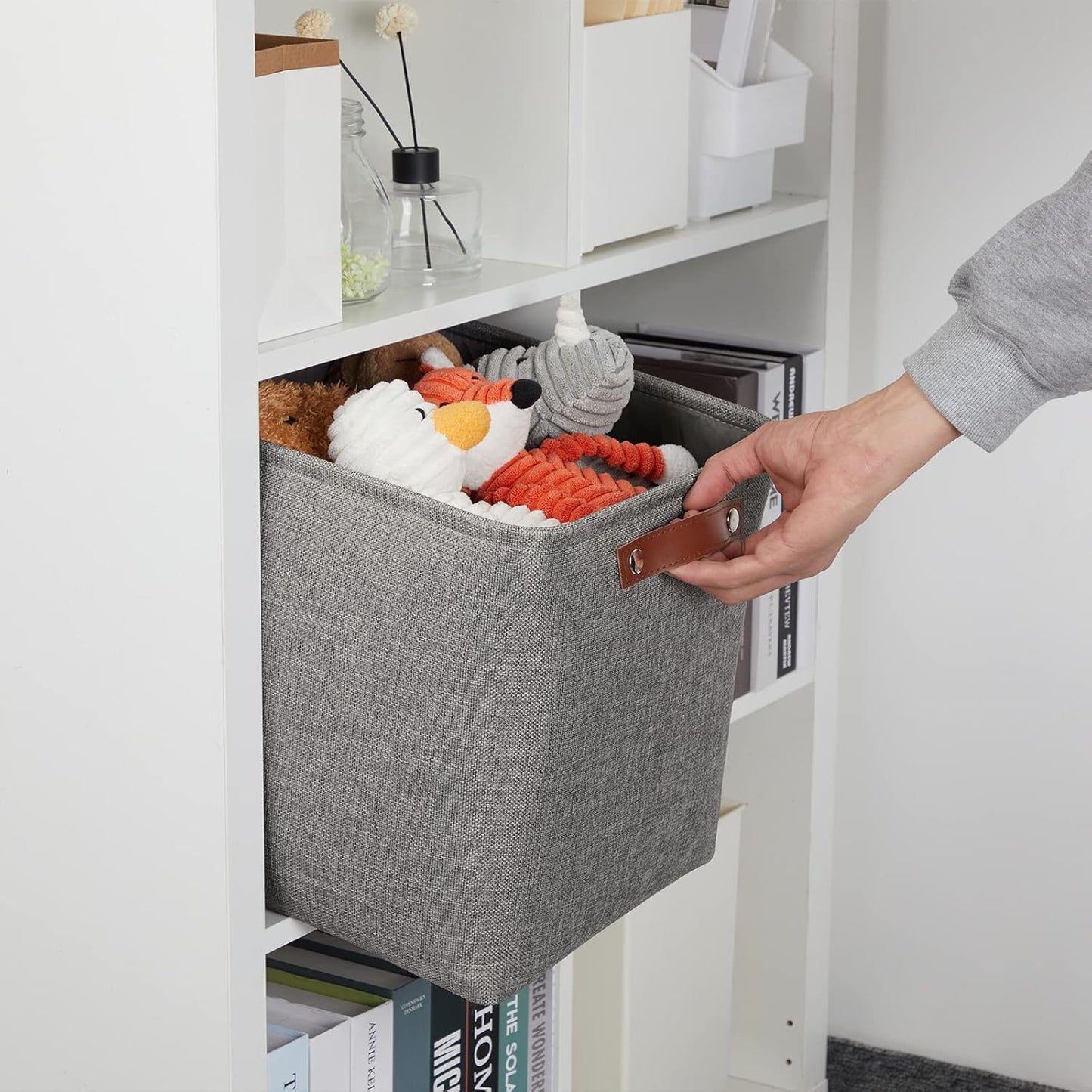 DULLEMELO 12 inch Cube Storage Bins, Large Collapsible Grey Storage Baskets for Square Cubes Organizing, Fabric Boxes Bins for Shelves Nursery Home Office Storage(4 Pack - 12" Grey)