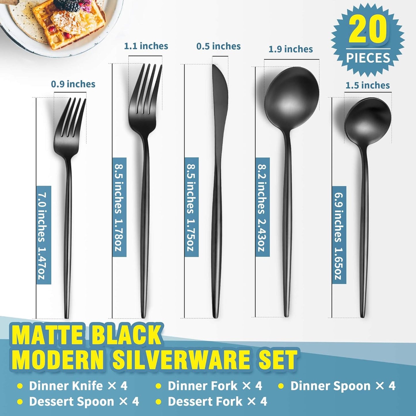 Matte Black Silverware Set for 4,Modern Stainless Steel Brushed Cutlery Set,20-Pieces Heavy Duty Flatware Set,Knives Spoons and Forks Set Utensils Set, Satin Finish, Dishwasher Safe