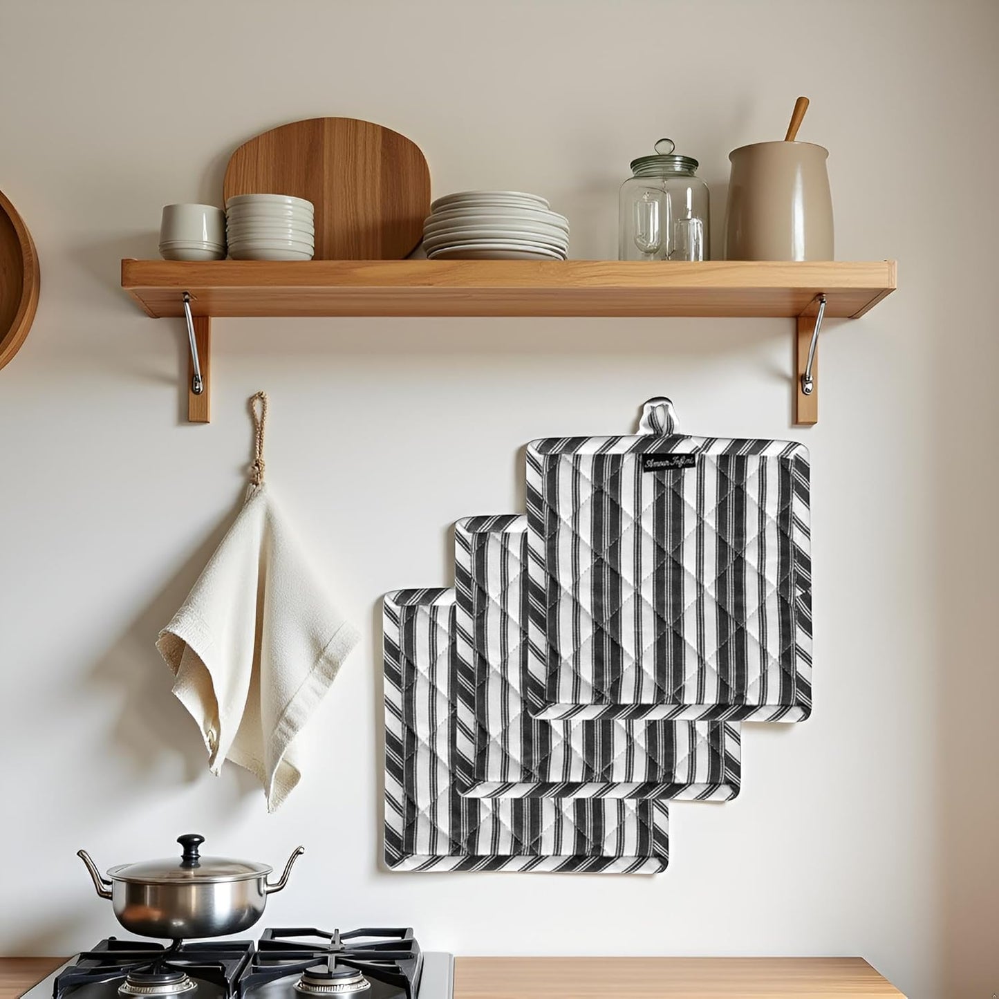 AMOUR INFINI Double Stripe Pot Holders Heat Resistant Cotton Set of 3 Nonslip 8"x8" Inch Hot Pads for Kitchen, BBQ, Baking & Cooking with Hanging Loops (Charcoal)