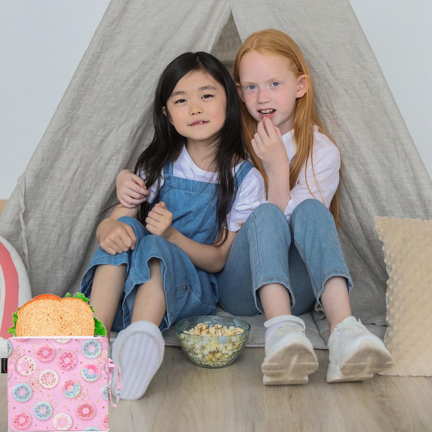 Reusable Sandwich Bag/Snack Bag for Kids & Adults, Dual Layer Lunch Bag with Handle, Washable, Food Safe, BPA Free (1-Pack, Colorful Donut)