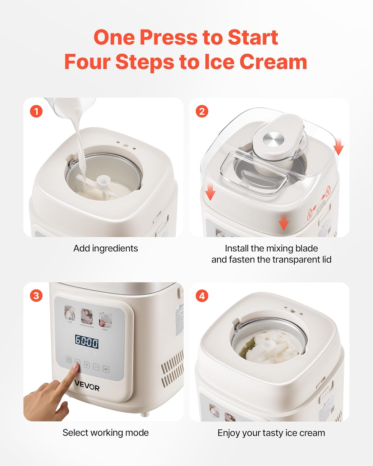VEVOR Upright Automatic Ice Cream Maker with Built-in Compressor, 1 Quart No Pre-freezing Gelato Maker & Frozen Yogurt Machine, 4 Modes Electric Sorbet-Maker, Compressor Ice Cream Machine for Home