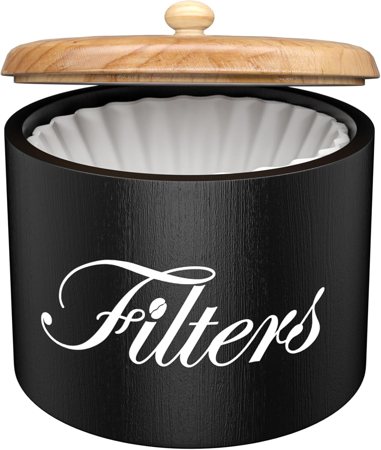 Wooden Coffee Filter Holder with Lid - Round Storage Container for Counter - Rustic Farmhouse Coffee Bar Accessories (Black)