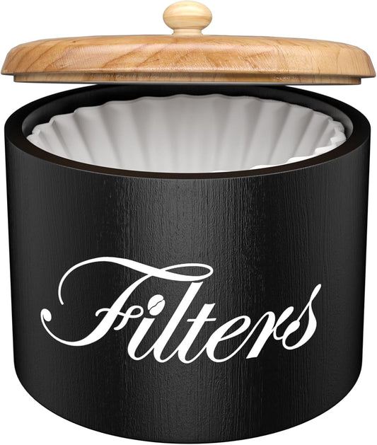 Wooden Coffee Filter Holder with Lid - Round Storage Container for Counter - Rustic Farmhouse Coffee Bar Accessories (Black)