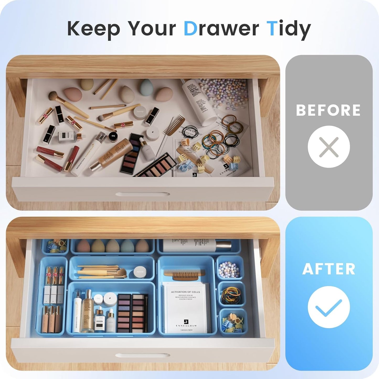 A-LuGei 【𝟮𝟮𝗣𝗖𝗦】 Plastic Sky Blue Desk Drawer Organizer, Bathroom Organizers and Storage, Makeup Organizer, Organization and Storage Bin Container for Vanity Office Utensils Tool Pantry Cosmetic