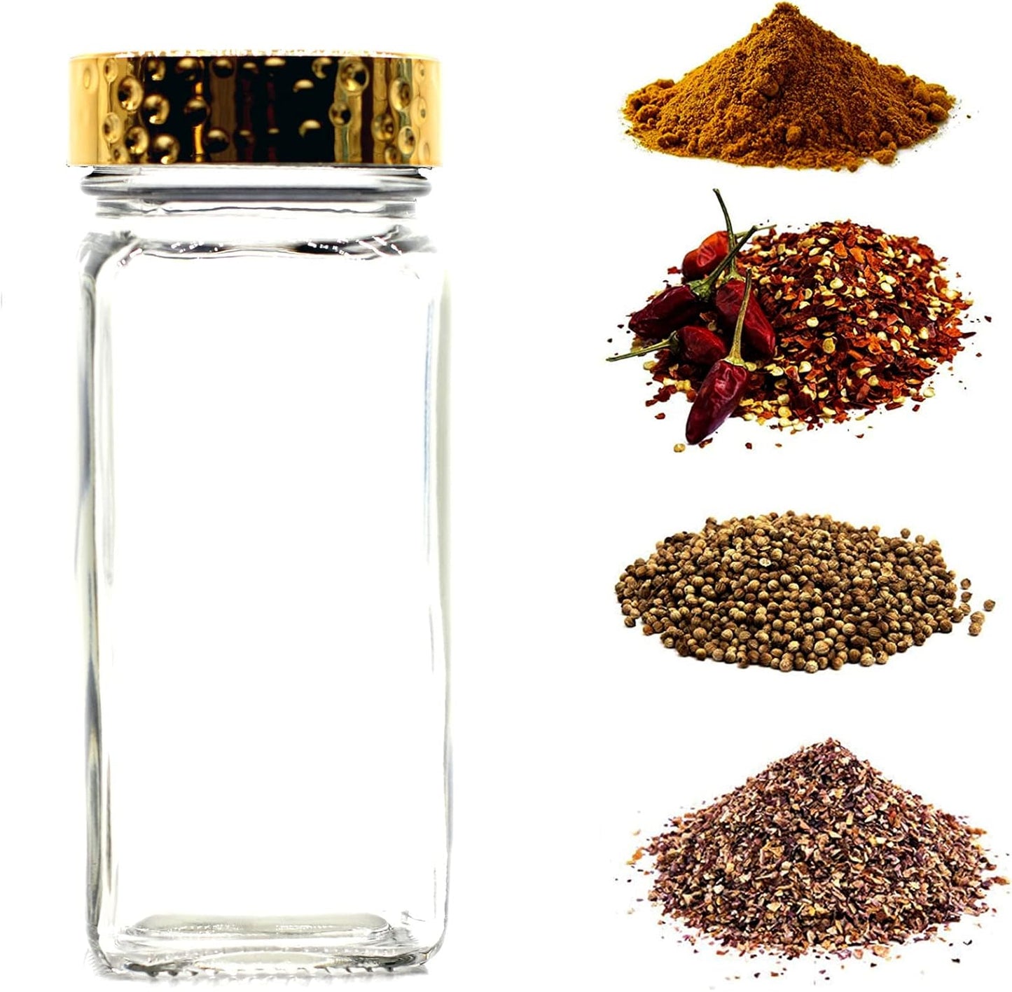 6pcs Gold Spice Jars, 4 oz Glass Seasoning Bottles, Spices Container, Empty Spice Jars, Square Spice Bottles with Airtight Plastic Caps with Shaker Lids