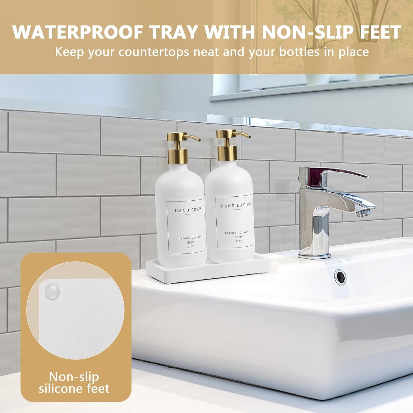 Soap Dispenser Bathroom - Kitchen Dish and Hand Soap Dispenser Set, Glass Bathroom Soap Lotion Dispenser with Pump, Tray, 14 Waterproof Labels, Set of 2 White Bottle/Gold Pump-pd