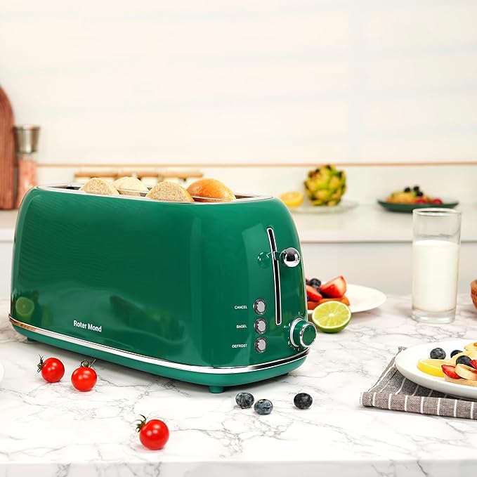 Roter Mond 4 Slice Toaster Retro Stainless Steel Toaster with Bagel, Cancel, Defrost Function and 6 Bread Shade Settings Bread Machine, Long Extra Wide Slots and Removable Crumb Tray, Green