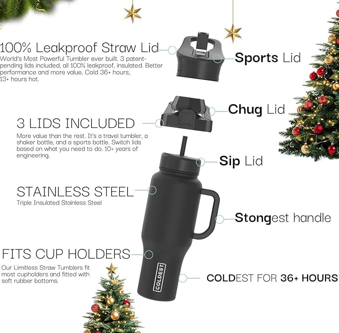 Coldest Tumbler with Handle and Straw, 100% Leak Proof Insulated Tumbler with Lid and Straw (3 Lids), Stainless Steel Tumblers for Women & Men, Cup Holder Friendly Base, 46 oz (Starry Skulls)