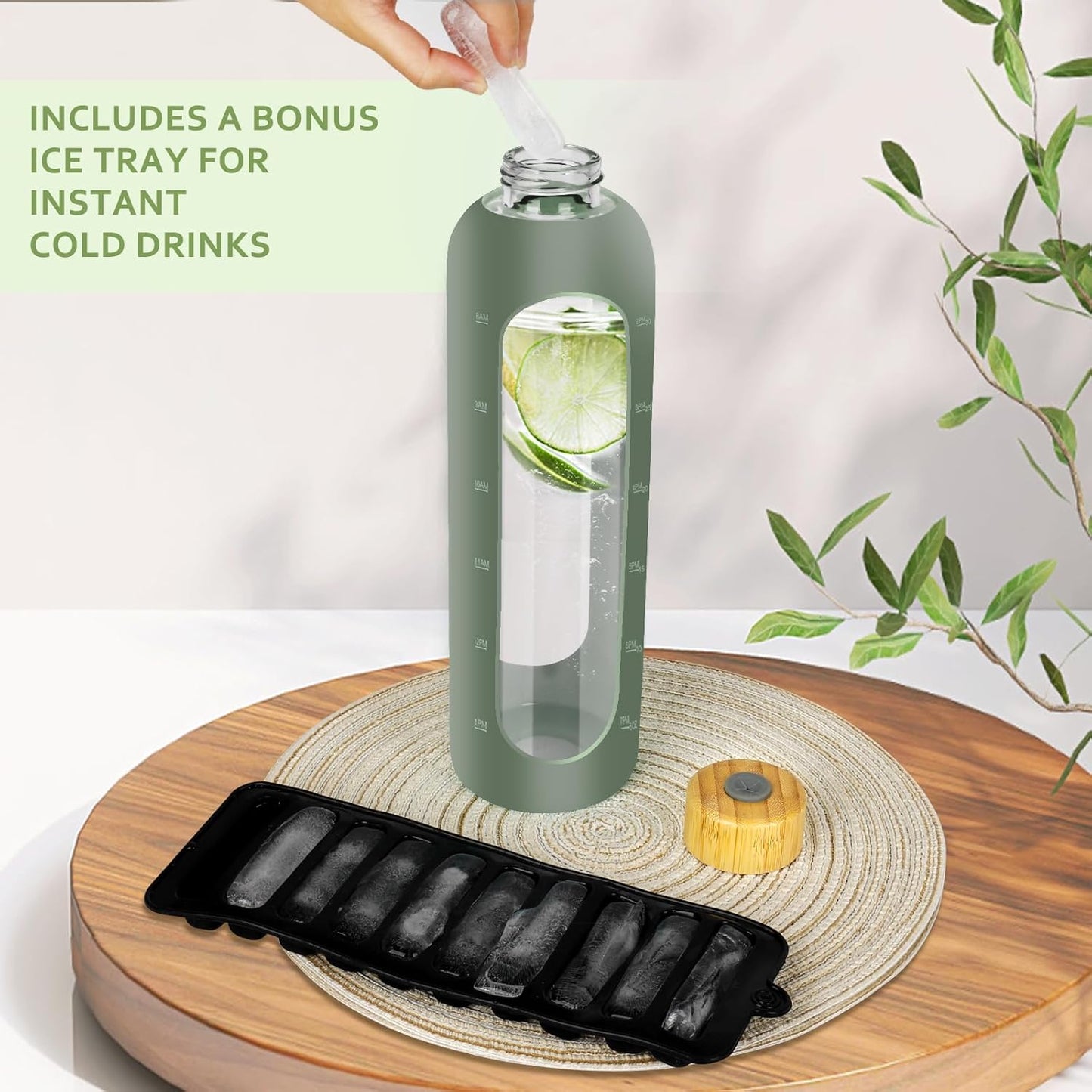 Glass Water Bottles 32 oz - Motivational Drinking Glass Water Bottle with Silicone Sleeve, Straw & 2 Bamboo Lids - 1 Liter Clear Borosilicate Daily Intake Tumbler with Time Marker - Olive