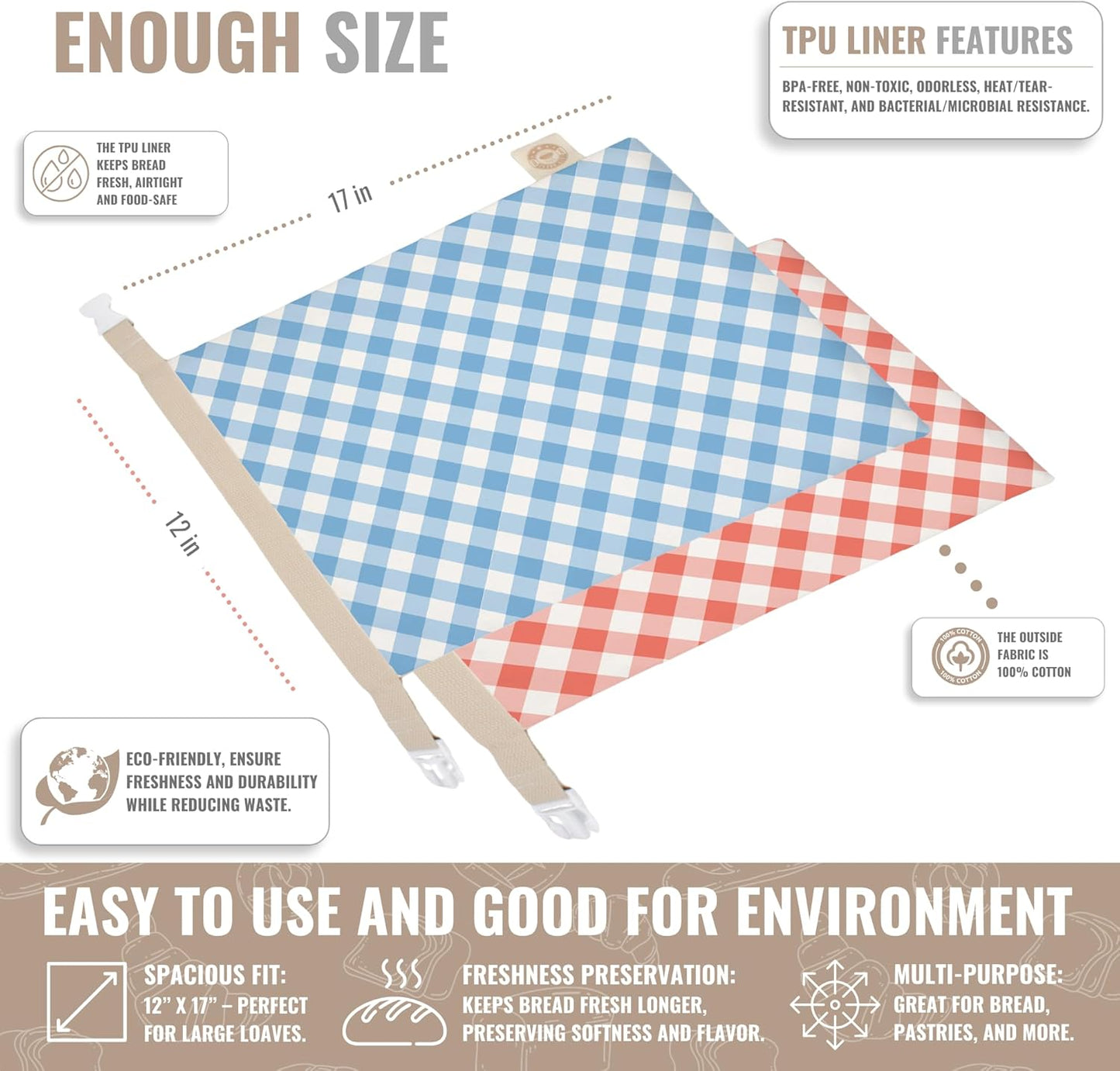 Cozy Bread® Reusable Bread Bag Set for Home Bakers | USA Brand | Charming Designs (Gingham)