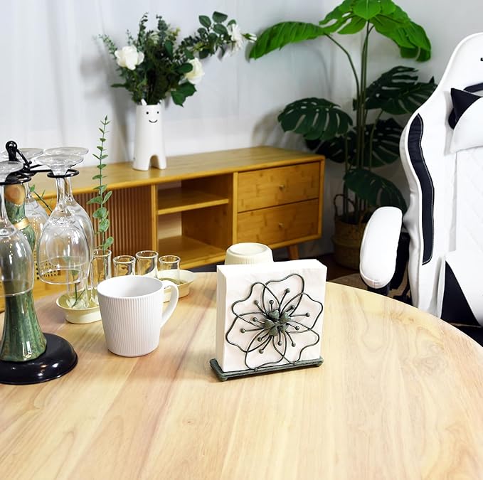 OwlGift Flower Style Napkin Holder, Freestanding Tissue Dispenser, Dining Table Napkin Storage for Home Kitchen Restaurant Picnic Party Wedding Housewarming – Green