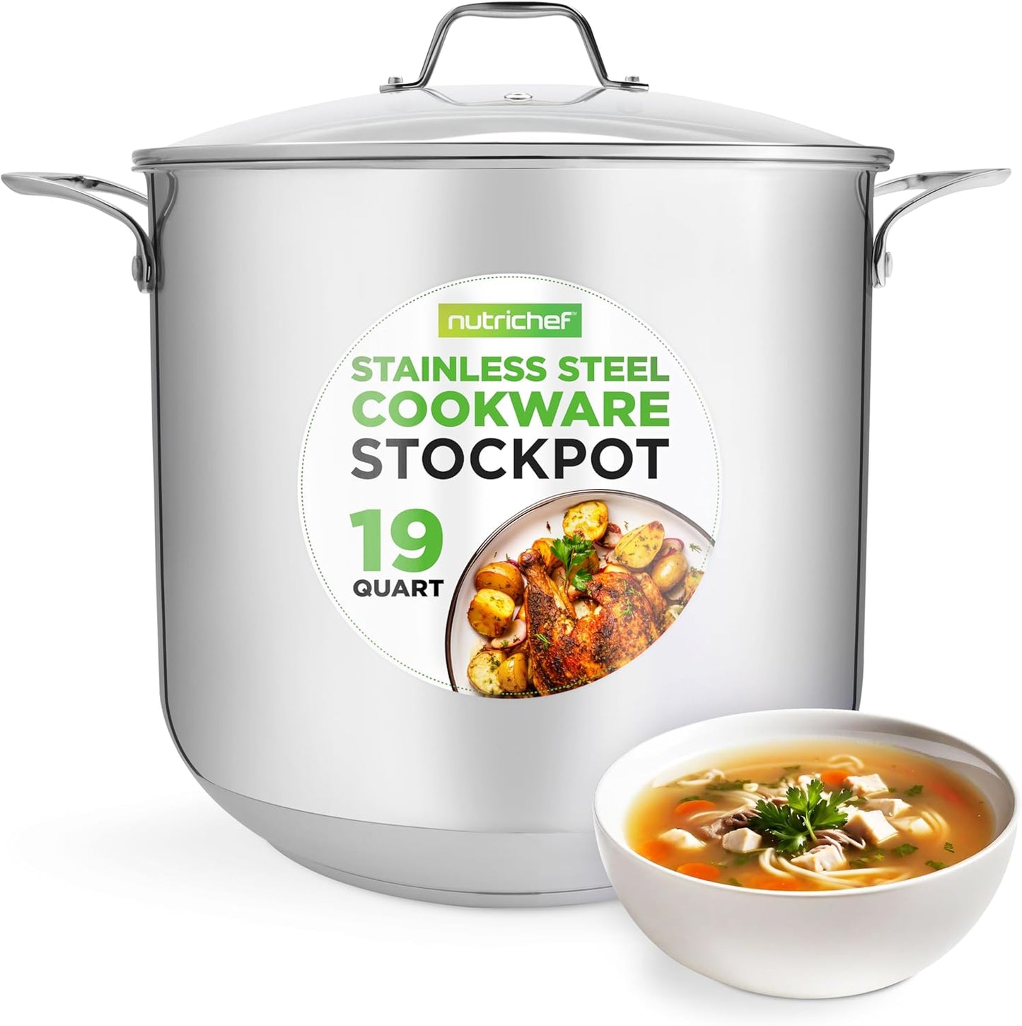 NutriChef 19-Quart Stainless Steel Stockpot – 18/8 Food Grade Heavy-Duty Induction-Compatible Pot with See-Through Lid, Ideal for Stews, Broths, Simmering & Soups, Dishwasher Safe – NCSP20