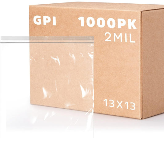 GPI - 13" x 13" Case of 1000 Clear Plastic Reclosable Zip bags, Large Bulk 2 mil Thick Strong & Durable Poly Baggies With Resealable Zip Top Lock For Scrapbook, Travel, Storage, Packaging & Shipping.