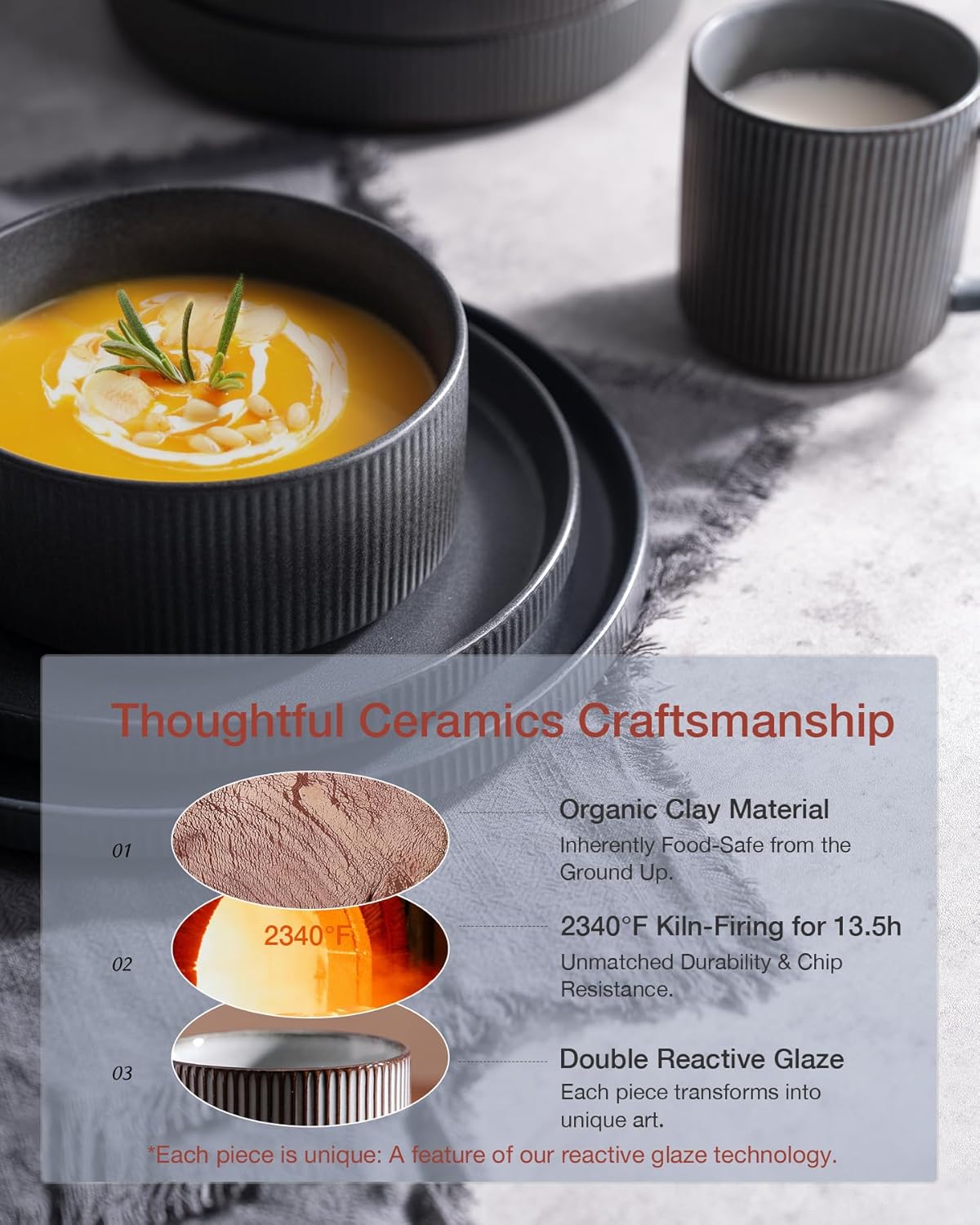 Famiware Star Dinnerware Set with Pasta Bowls, Service for 4 (16pcs), Ribbed Stoneware Plates and Bowls Dishes Sets - Chip & Scratch Resistant, Microwave & Dishwasher Safe, Matte Dark Charcoal