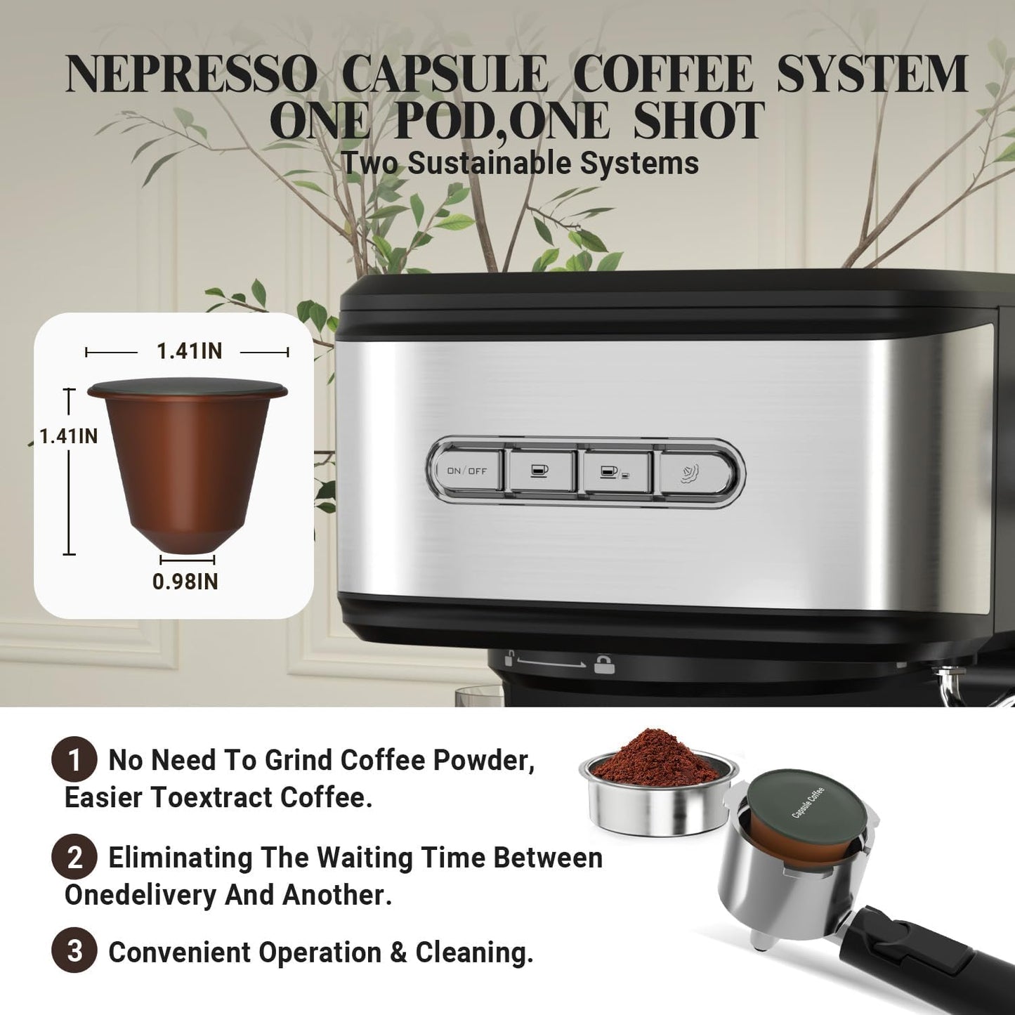 Espresso Machine 20 Bar, 2 in 1 Espresso Maker with Milk Frother Steam Wand for Latte and Cappuccino, Powder and Capsule Portafilter, 50oz Removable Water Tank Coffee Machine for Home-Silver