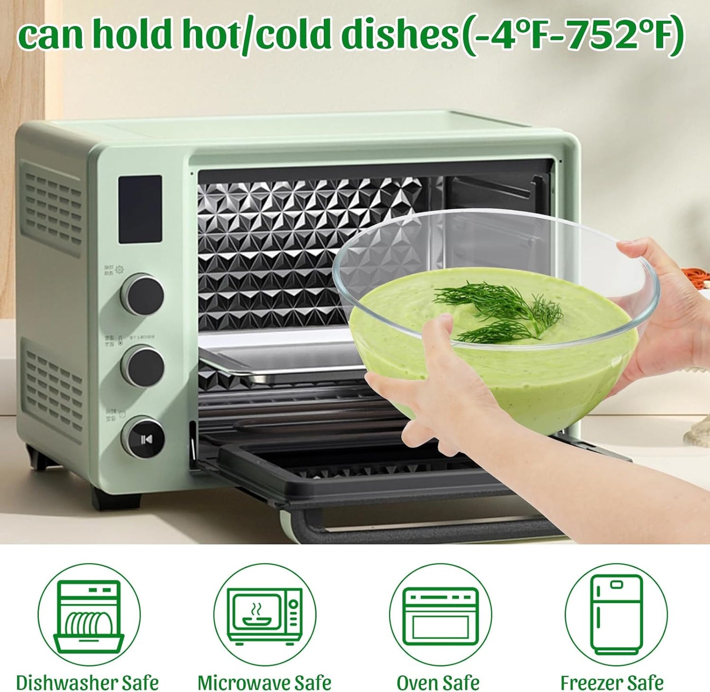 ShineMe Glass Salad Bowl, 4.7 Qt Large Mixing Bowl with Lid and Built in Utensils, Versatile Trifle Bowl for Serving, Mixing, Preparing, Storing, and Decoration in Kitchen