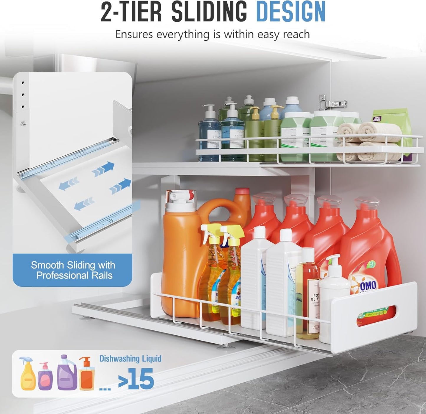 2 Pack 18 IN Depth Under Sink Organizer with Smooth Ball Bearing Slides,2-Tier Pull Out Cabinet Storage,Slide Out Drawers for Bathroom&Kitchen,Rust-resistant Coating,Height Adjustable-White