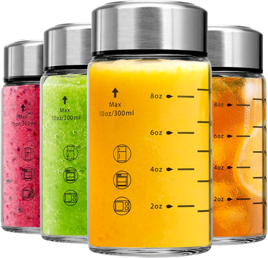 Glass Juice Bottles 4 Pack 10 oz - Wide Mouth Glass Water Bottles with Lids - Borosilicate,Stainless Steel Lids for Juicing, Smoothies, Infused Water, Beverage Storage, Leakproof, Reusable,BPA Free