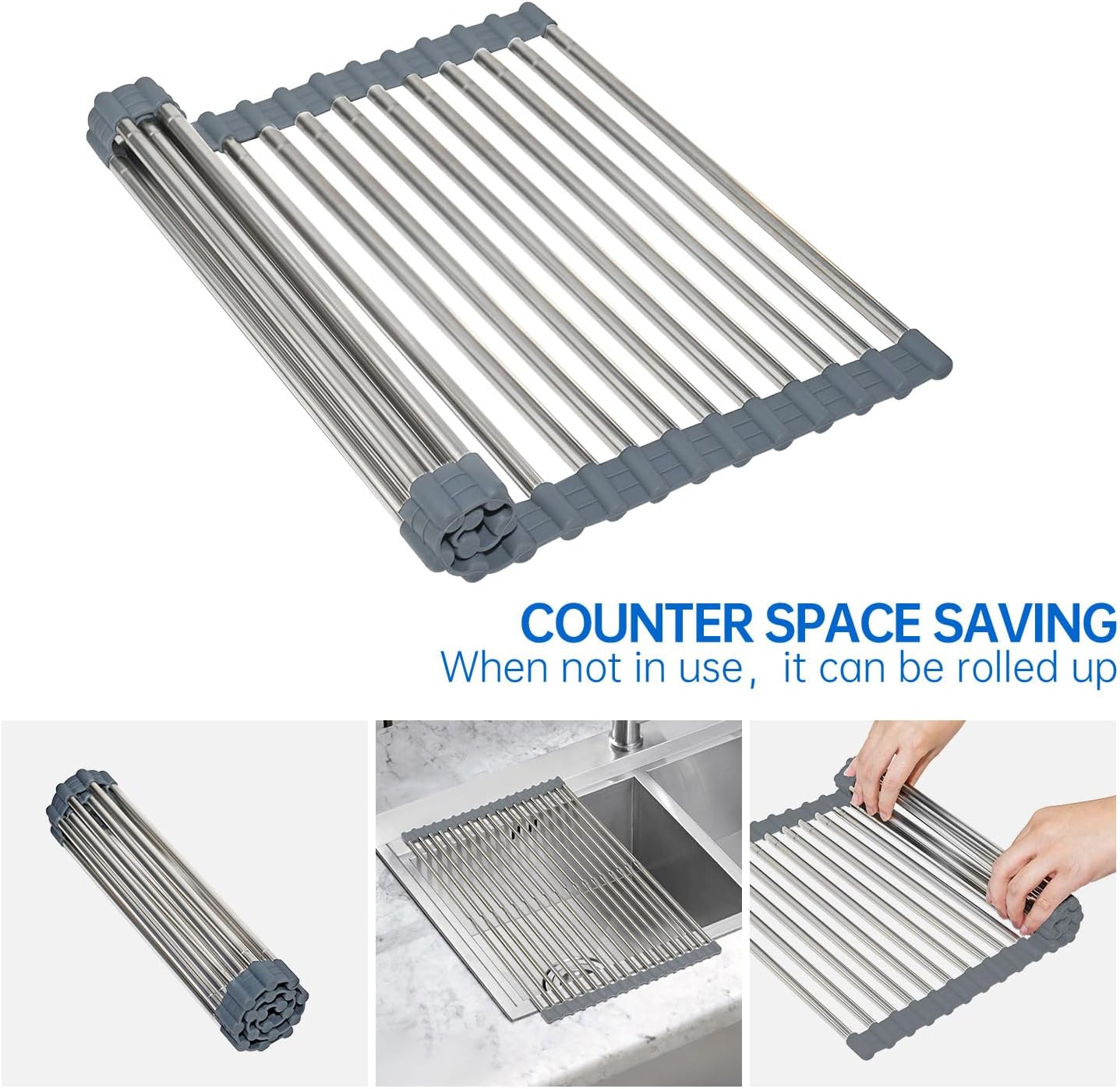 CHIRISEN Expandable Large Roll Up Dish Drying Rack, 18 Tubes 21.25x12.79'' Collapsible Over The Sink Rack, Non-Slip Silicone Rolling Dish Drainer Stainless Steel Rack for Kitchen Sink Counter (Gray)