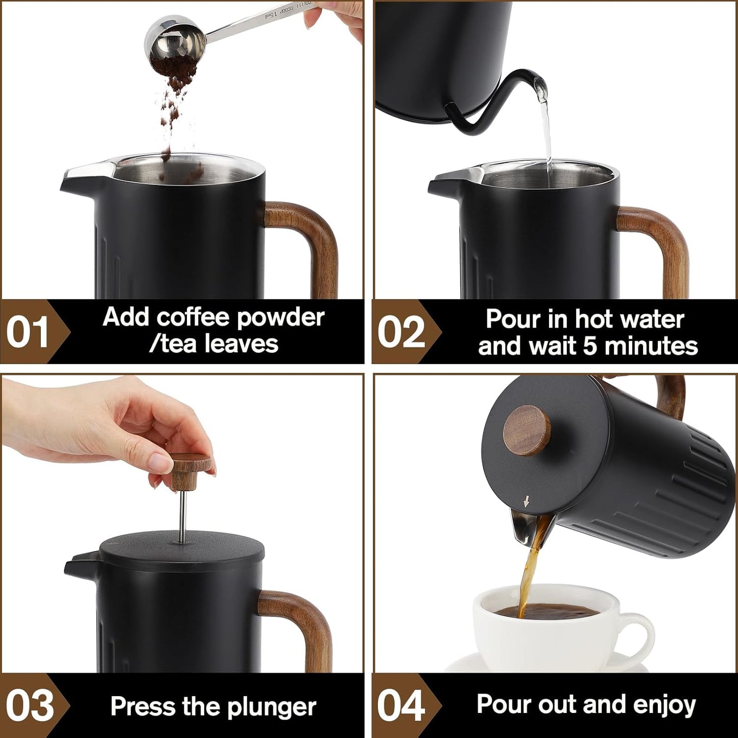 Rorence 34oz French Press Coffee Maker, Coffee Press with Real Wood Handle & Plunger Head, Double Wall Insulation & Dual-Filter Screen, incl. replaced filters & instructions, Black