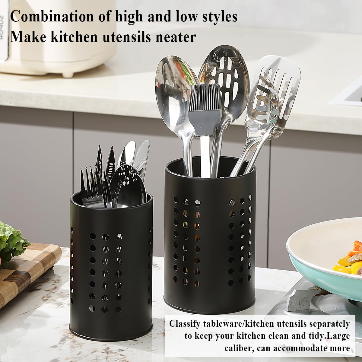 Evanda Kitchen Utensils Holder for Countertop Pack of 2, Stainless Steel Black Utensils Caddy, Farmhouse Stylish Organizer and Kitchen Decor Utensil Crock, Gift for New House New Apartment