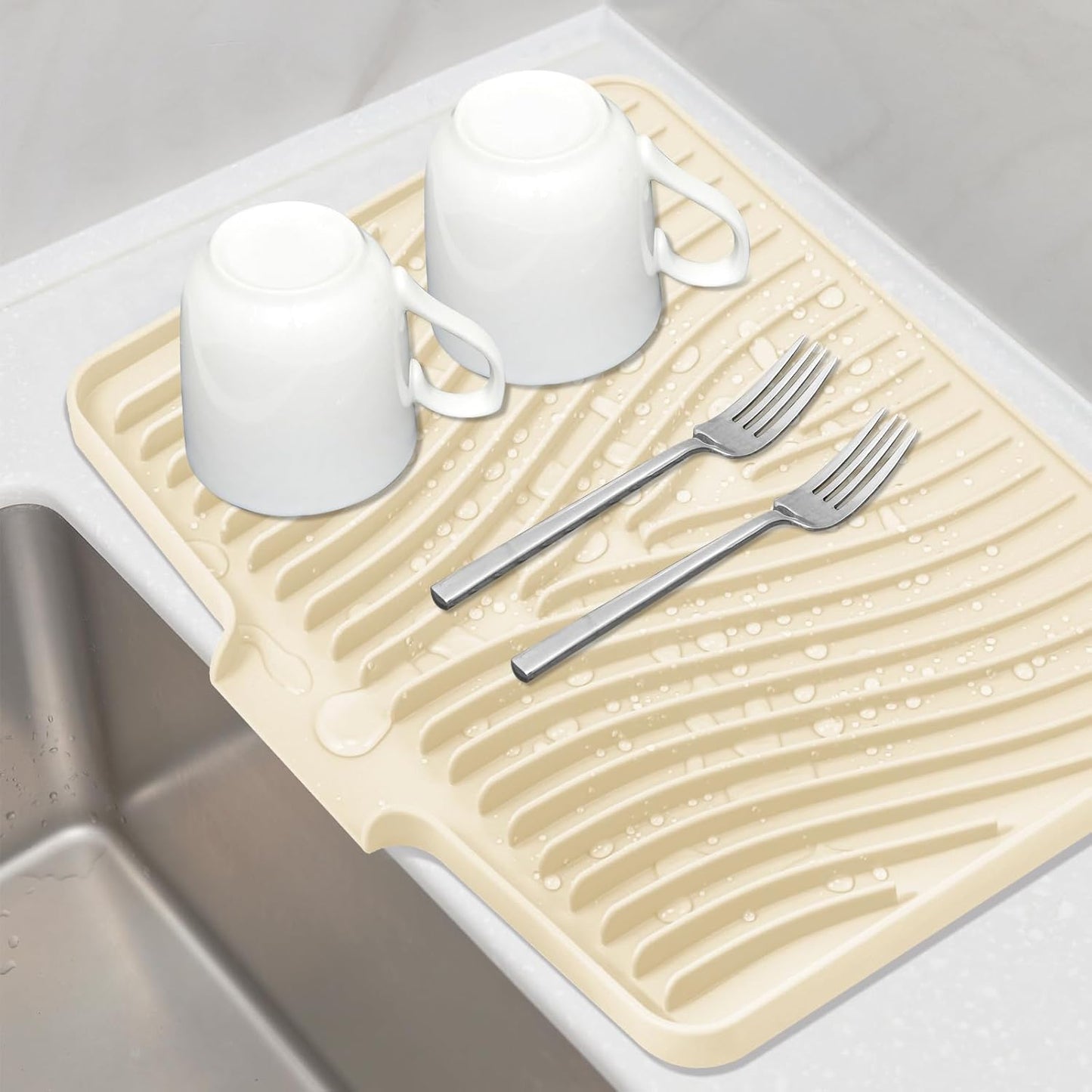 Silicone Dish Drying Mat for Kitchen Counter, Dish Drying Pad, Non-Slip Drain Pad with Built-in Drain, Heat Resistant Stone Drying Mat(Yellowish 15.8" x 13")