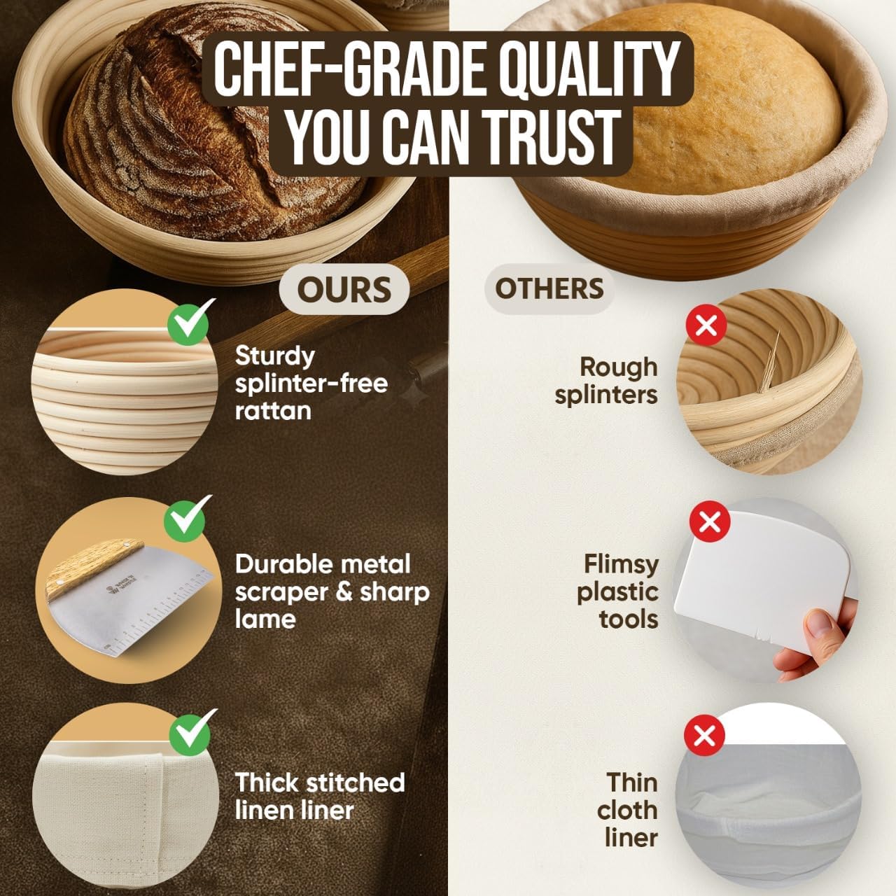 Trailblaze Banneton Bread Proofing Basket Set – Complete Sourdough Bread Baking Supplies – Sourdough Starter Kit – Sourdough Proofing Basket Gift for Bakers - Bread Baskets (9" Round & 10" Oval)