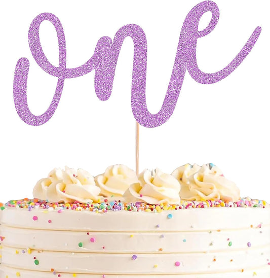 First Birthday Cake Topper - Purple Glitter One Cake Decorating Supplies for Girls and Boys, Perfect for Baby Shower/Gender Revealing Party Photo Booth Props