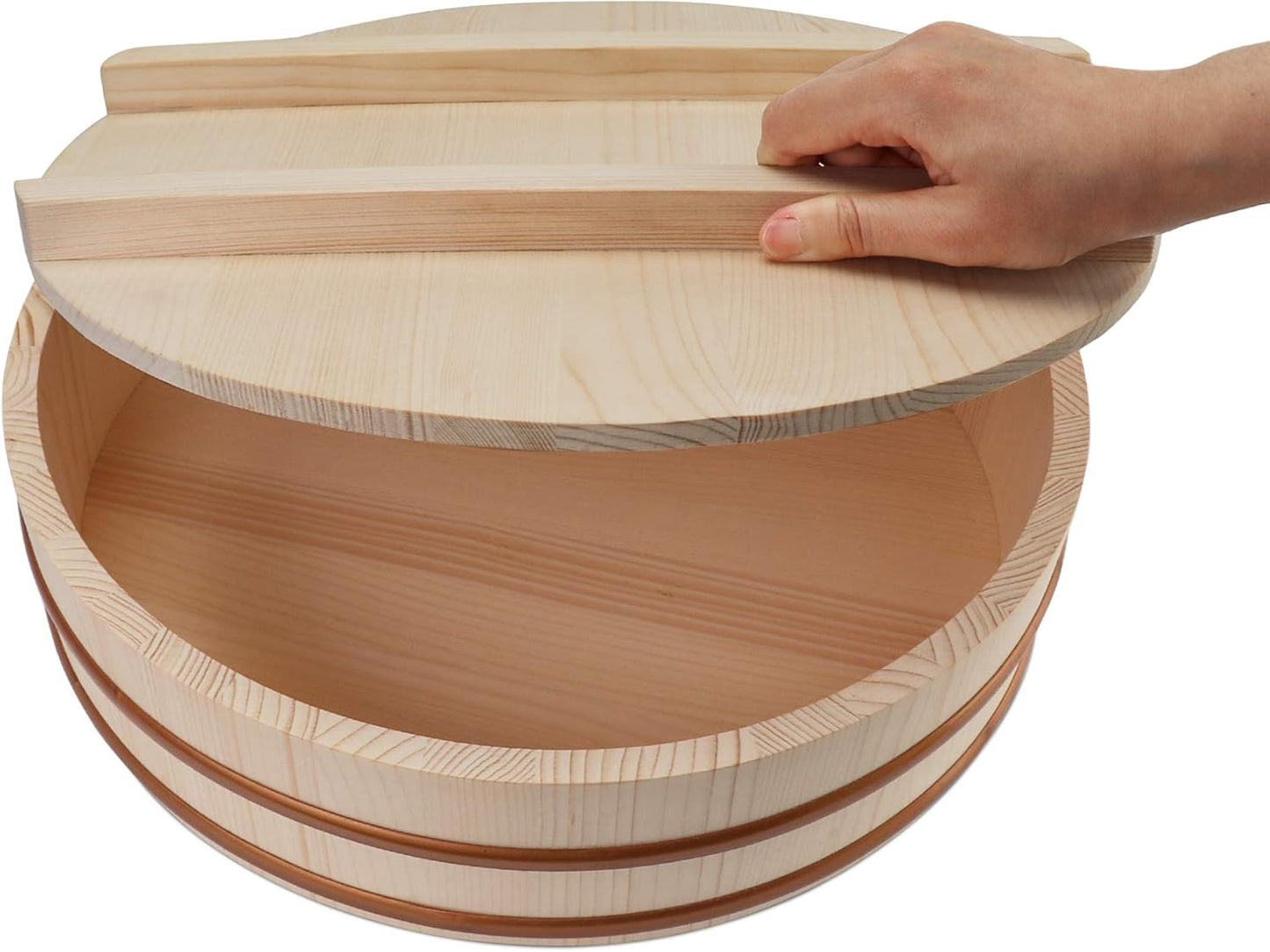 Kichgather Wooden Sushi Rice Bowl with Lid Hangiri Sushi Oke Sushi Rice Mixing Tub (14.2 ” with lid)