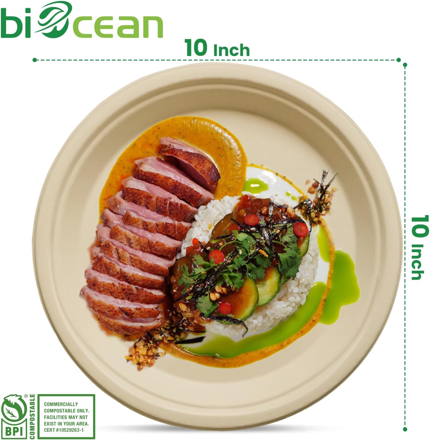 10 Inch Compostable Plates 125 Pack Heavy Duty Compostable Paper Plate, Natural Sugarcane Bagasse Disposable Plates, Brown Biodegradable Plates for Dinner, Party, and Weddings (Round)