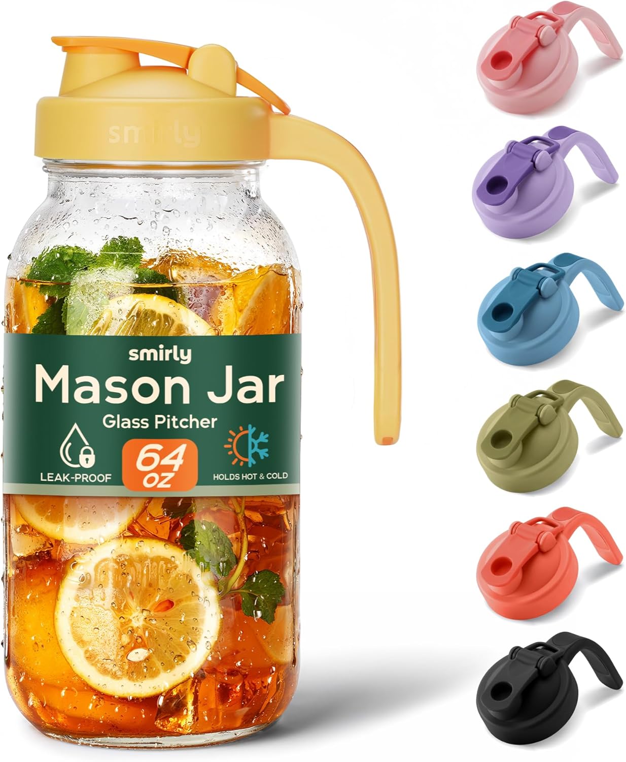 SMIRLY 64 oz Mason Jar Pitcher,Glass Pitcher with Wide Mouth,Water Jug with Double Leak Proof Lid for Iced Coffee,Hot Water,Breast Milk