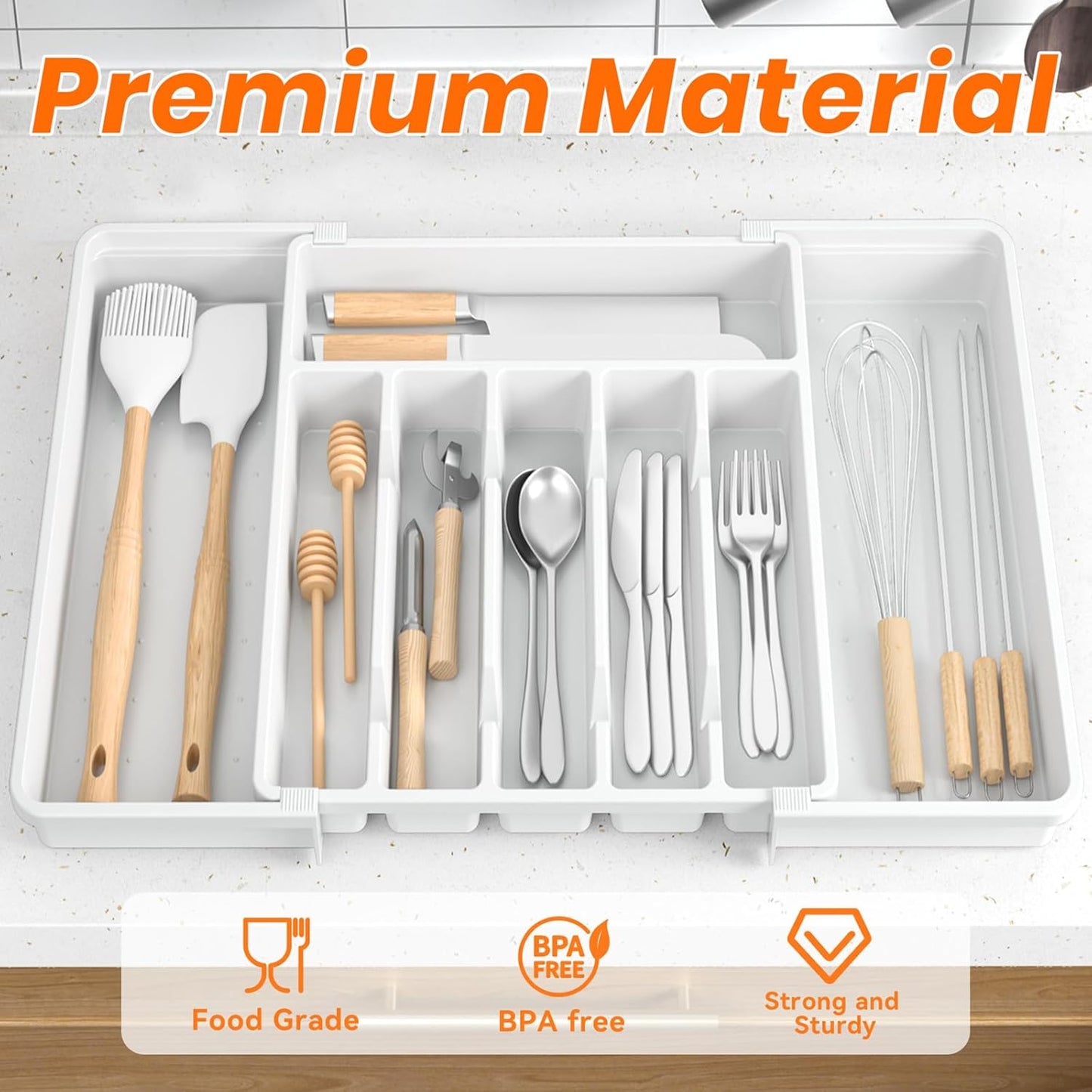 Large Silverware Organizer,Expandable Utensil Drawer Organizer,BPA Free Utensil Holder,Adjustable Silverware Tray Cutlery Drawer Organizer for Kitchen Flatware,Large,White (6-8 Slots)