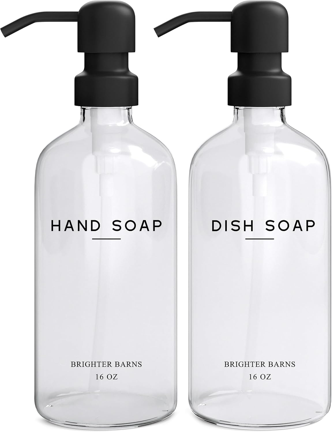 Clear Glass Hand and Dish Soap Dispenser Set by Brighter Barns - Kitchen Soap Dispenser Set & Pump - Glass Bottles for Kitchen Sink - Neutral Home Decor, Modern Farmhouse Bathroom Accessories (Clear)