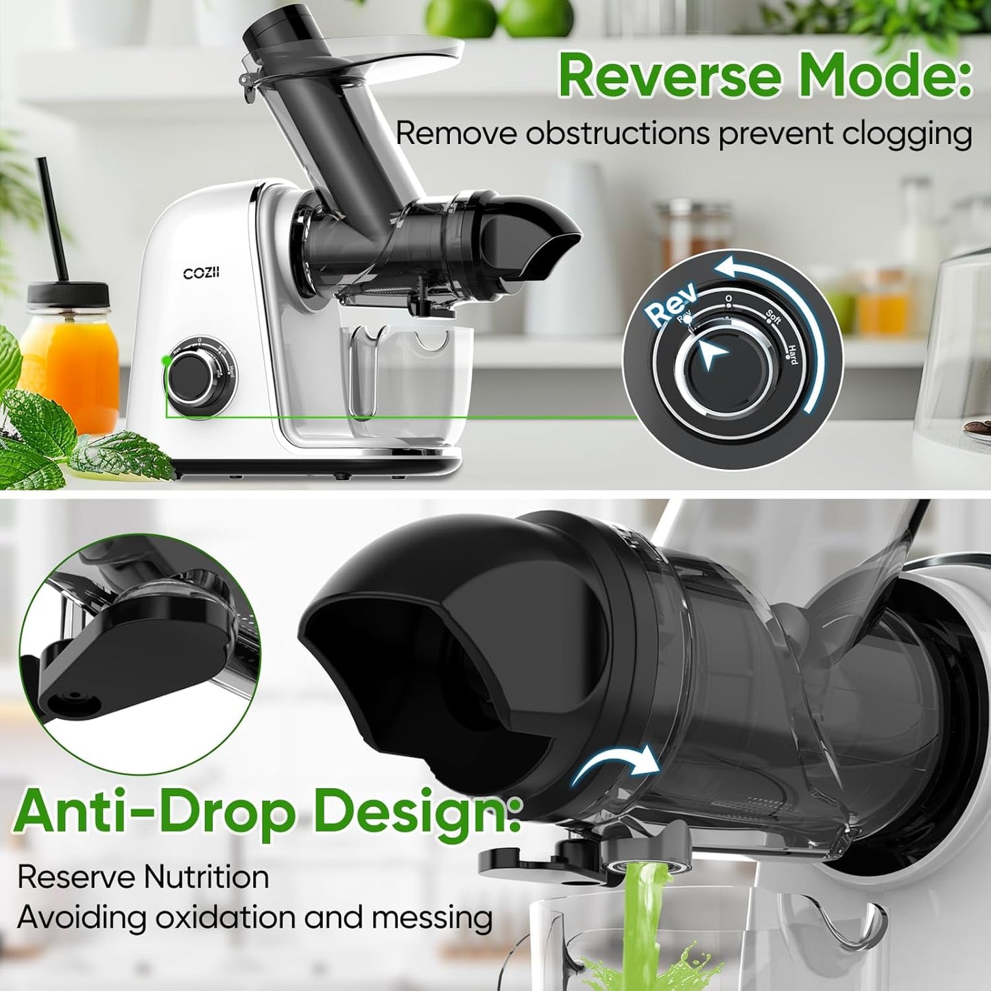 COZII Cold Press Juicer,Slow Masticating Juicer Extractor Soft/hard Mode,3.6 Inch Large Feeder For Vegetable and Fruit,Easy to Clean Juicer Machines Quiet Motor,Dishwasher Safe (White)