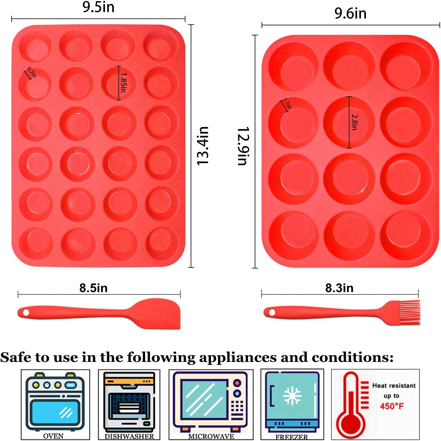 Silicone Muffin Pan Cupcake Set, Non-Stick Regular 12 Cups and Mini 24 Cups,Silicone Baking Molds,BPA Free Muffin Tin with 1 Silicone Spatula & 1 Oil Brush (Red)