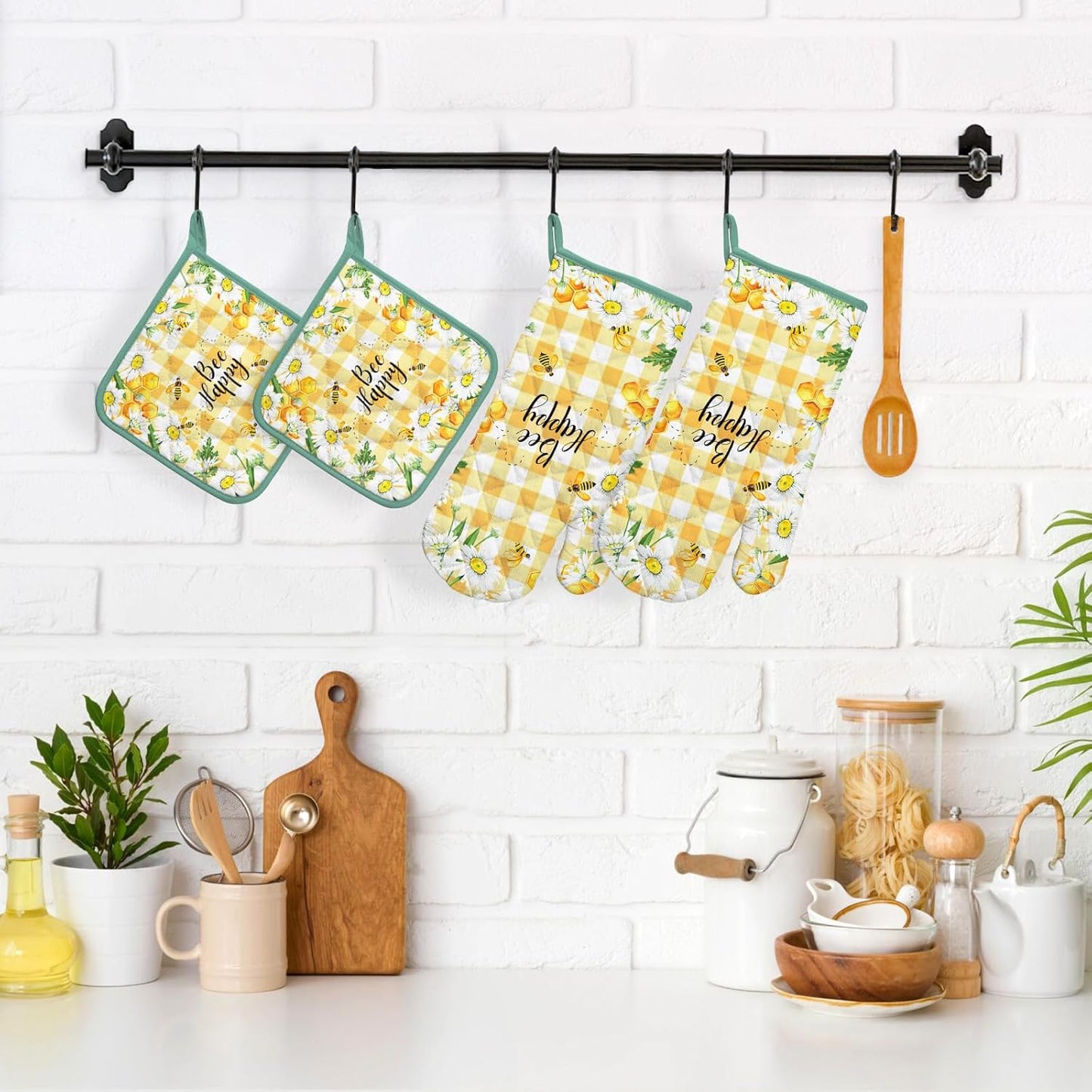Bee Daisy Oven Mitts and Pot Holders Sets 4Pcs, 100% Cotton Heat Resistant, Extra Long Oven Gloves Potholder for Kitchen Cooking Baking Housewarming
