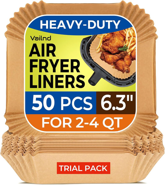 Air Fryer Paper Liners, 50 PCS Air Fryer Liners Disposable, 6.3" Square Parchment Paper Sheets for 2-4 qt Airfryer Basket, Non-stick and Oil Proof Baking Liner for Oven, Pans