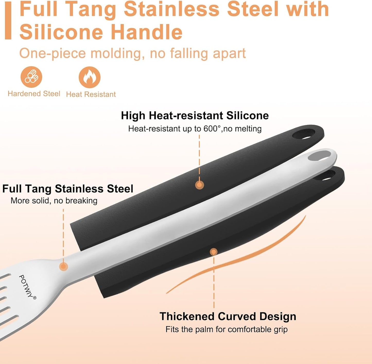 Stainless Steel Fish Spatula, Metal Fish Turner with Silicone Handle, Kitchen Slotted Spatula for Cast Iron Skillet Cooking and Grilling, Beveled Edge and Curved Blade, 13.5 Inch