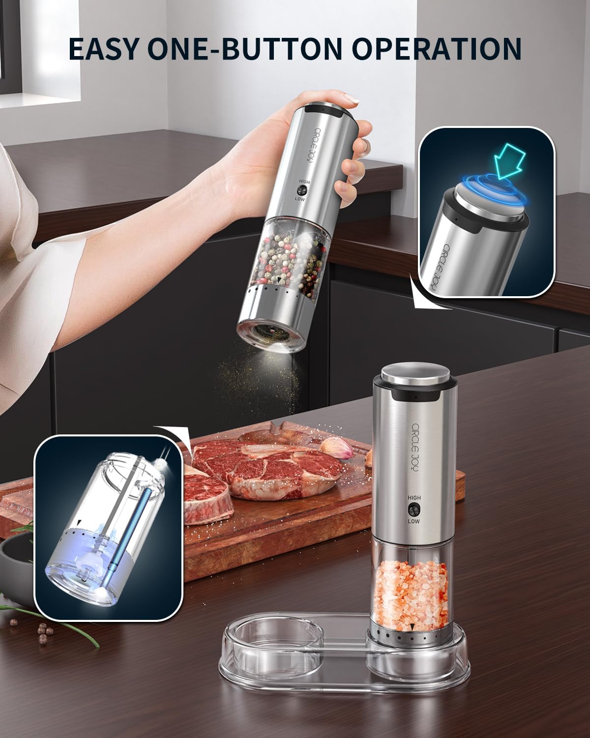CIRCLE JOY Electric Salt and Pepper Grinder Set Stainless Steel Rechargeable Salt and Pepper Grinder Set, Variable Grinding Speed, External Adjustable Coarseness, Storage Base, White LED Light, Silver
