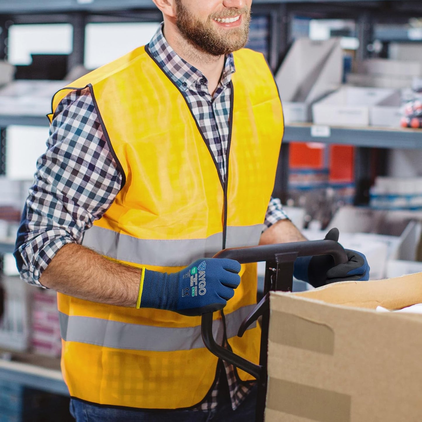 KAYGO Safety Work Gloves MicroFoam Nitrile Coated-12 Pairs, KG18NB,Seamless Knit Nylon Glove with Black Micro-Foam Nitrile Grip,Ideal for General Purpose,Automotive,Home Improvement, Dark Blue, M