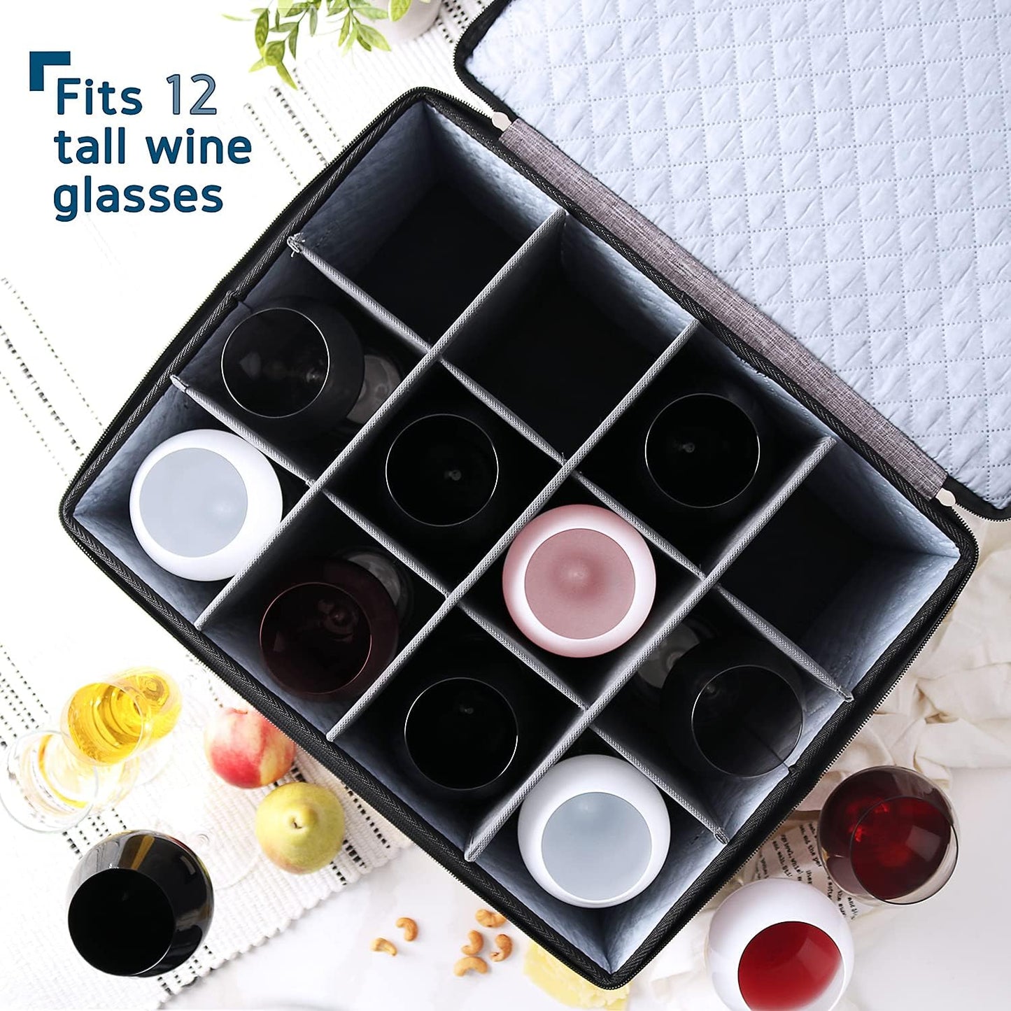 Wine Glass Storage Box with Dividers, 2 Pack Stackable Stemware Storage Cases, Service of 24 Glassware Storage Containers, Quilted China Storage Containers for Moving and Seasonal Storage, Grey