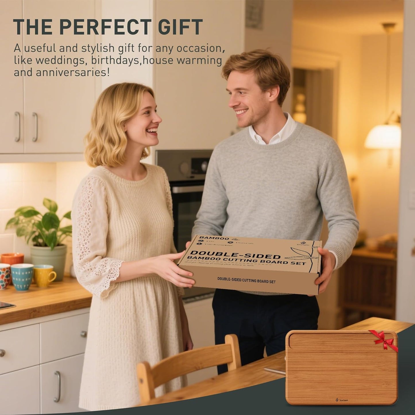 Bamboo Cutting Board for Kitchen Non Toxic Durable Wooden Cutting Boards with Deep Juice Grooves, Ideal Charcuterie Chopping Large for Meat Vegetables Fruits Cheese BBQ Ideal Kitchen Cool Unique Gifts