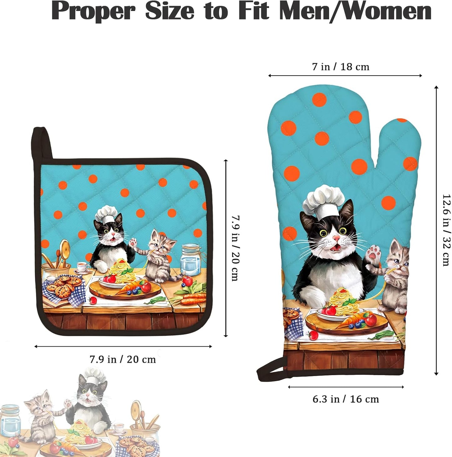 Cute Cat Oven Mitts and Pot Holders Sets 4Pcs, 100% Cotton Heat Resistant, Extra Long Oven Gloves Potholder for Kitchen Cooking Baking Decoration