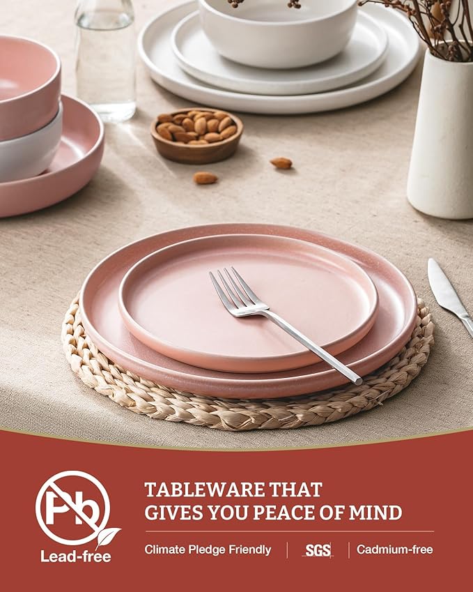 Famiware Milkyway Plates and Bowls Sets, 12 Pieces Dinnerware Sets, Reactive Glaze Dish Set, Stoneware Dishes Set for 4, Matte Beige White & Light Pink