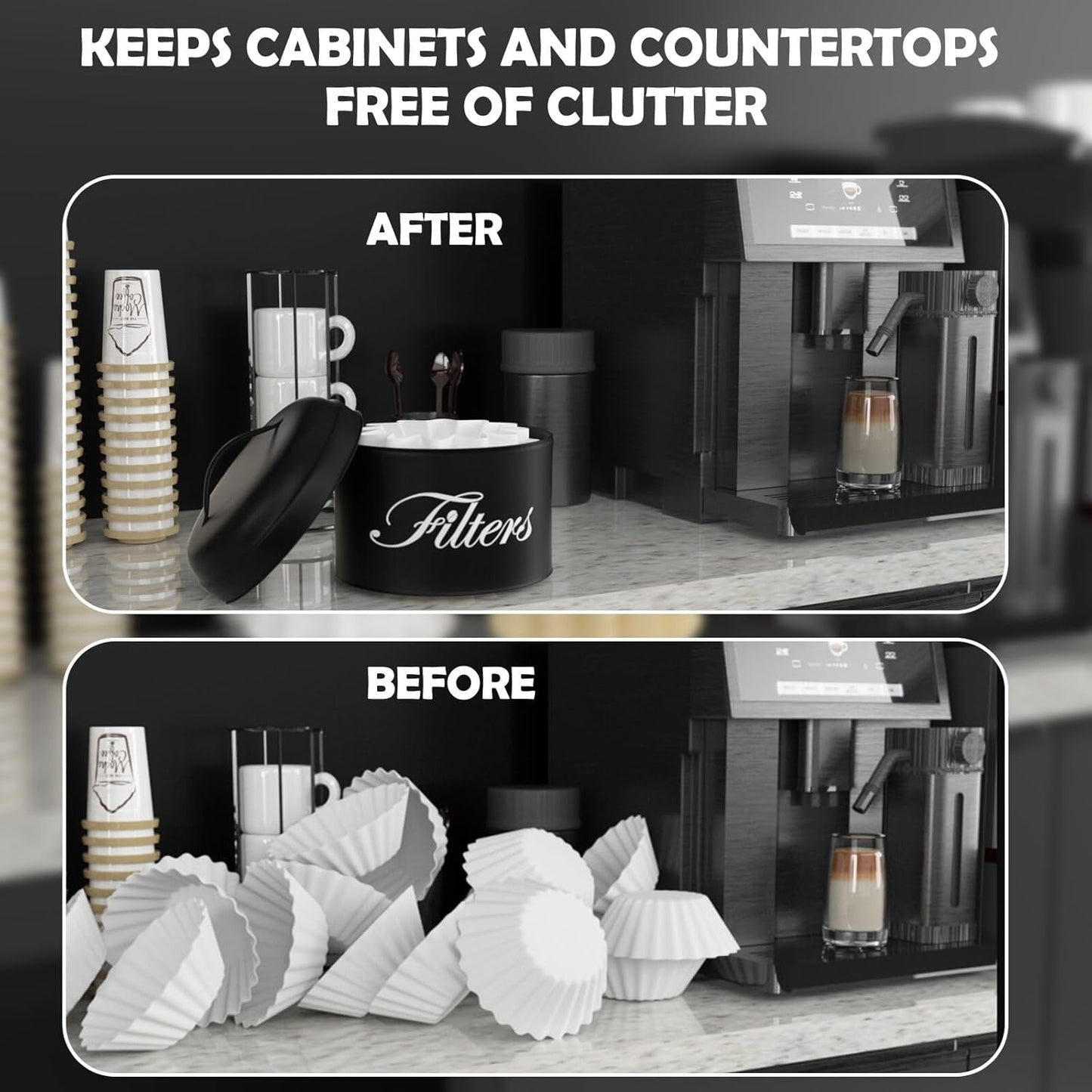 Black Basket Coffee Filter Holder With Lid - Round Container for Counter Storage - Rustic Farmhouse Bar Accessories Decor