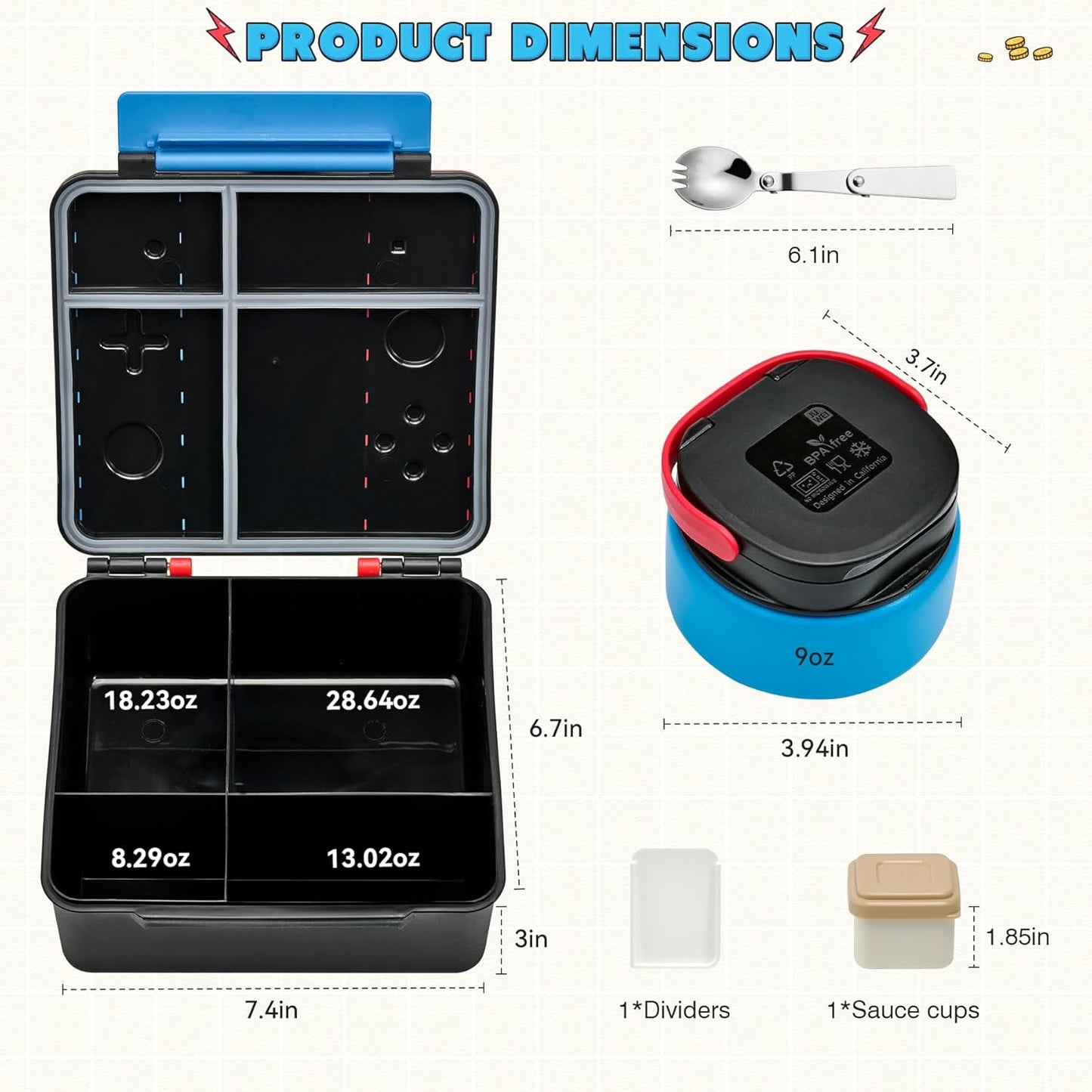 Game Bento Box for Kids, Lunch Box with Thermo(9oz Food Jar), Folding Spoon, Removable Divider & Sauce Cup, Lunch Box Kids for School,Travel, BPA-Free & Realistic Shape(Blue-Red)