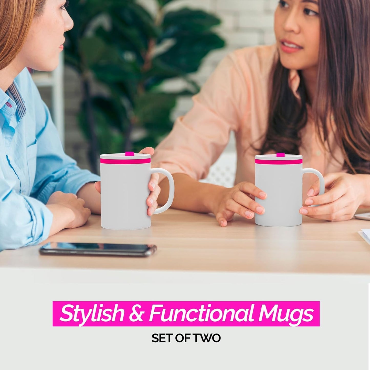 Copco Iconic 16oz Double Wall Insulated Desk Mug with Lid and Handle, Set of 2, BPA-Free Reusable Plastic, Spill-Proof, Microwave & Dishwasher Safe, Wide Mouth, Cup Holder Friendly (Pink)