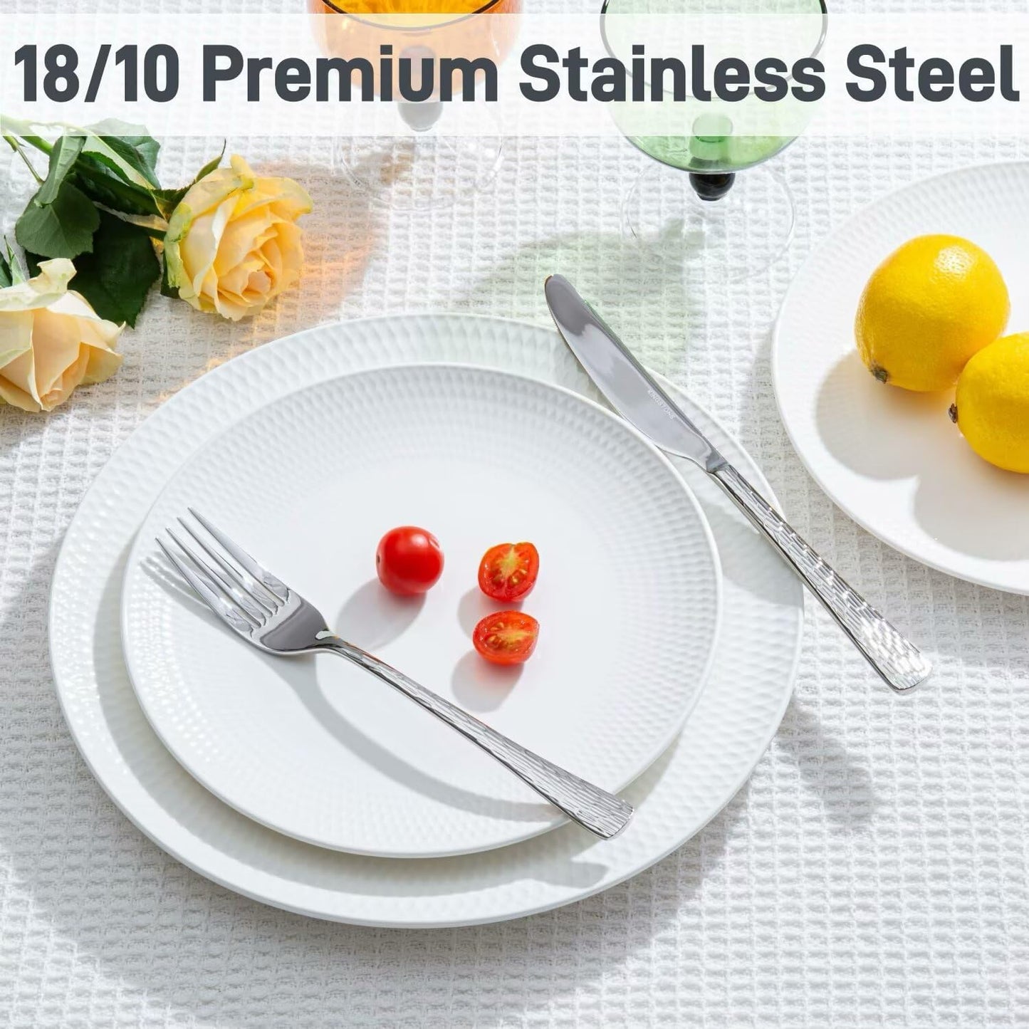 KINGSTONE Hammered Silverware Set, Flatware Set with Serving Utensils, 18/10 Stainless Steel Premium Cutlery with Unique Ripple Handles Design Mirror Polished - Dishwasher Safe (65-Piece)