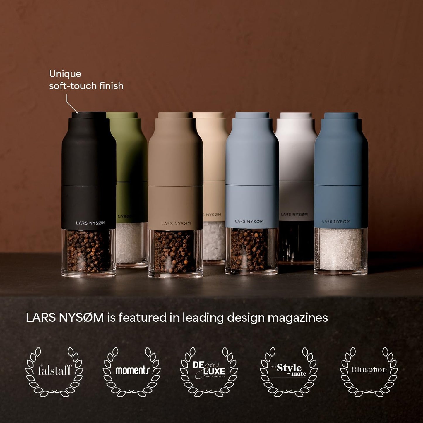 LARS NYSØM Salt and Pepper Grinder Set, Stainless Steel Manual Salt and Pepper Mills, Adjustable Ceramic Grinder, Design Spice Shakers (Sky Blue)