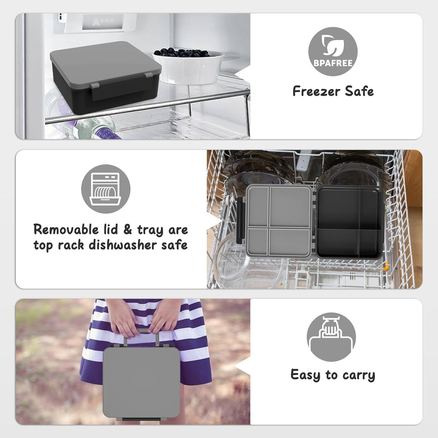 Bento Lunch Box with 8oz Soup Thermo, Leak-Proof Lunch Containers with 4 Compartment, Thermo Hot Food Jar and Insulated Lunch Box for School Black